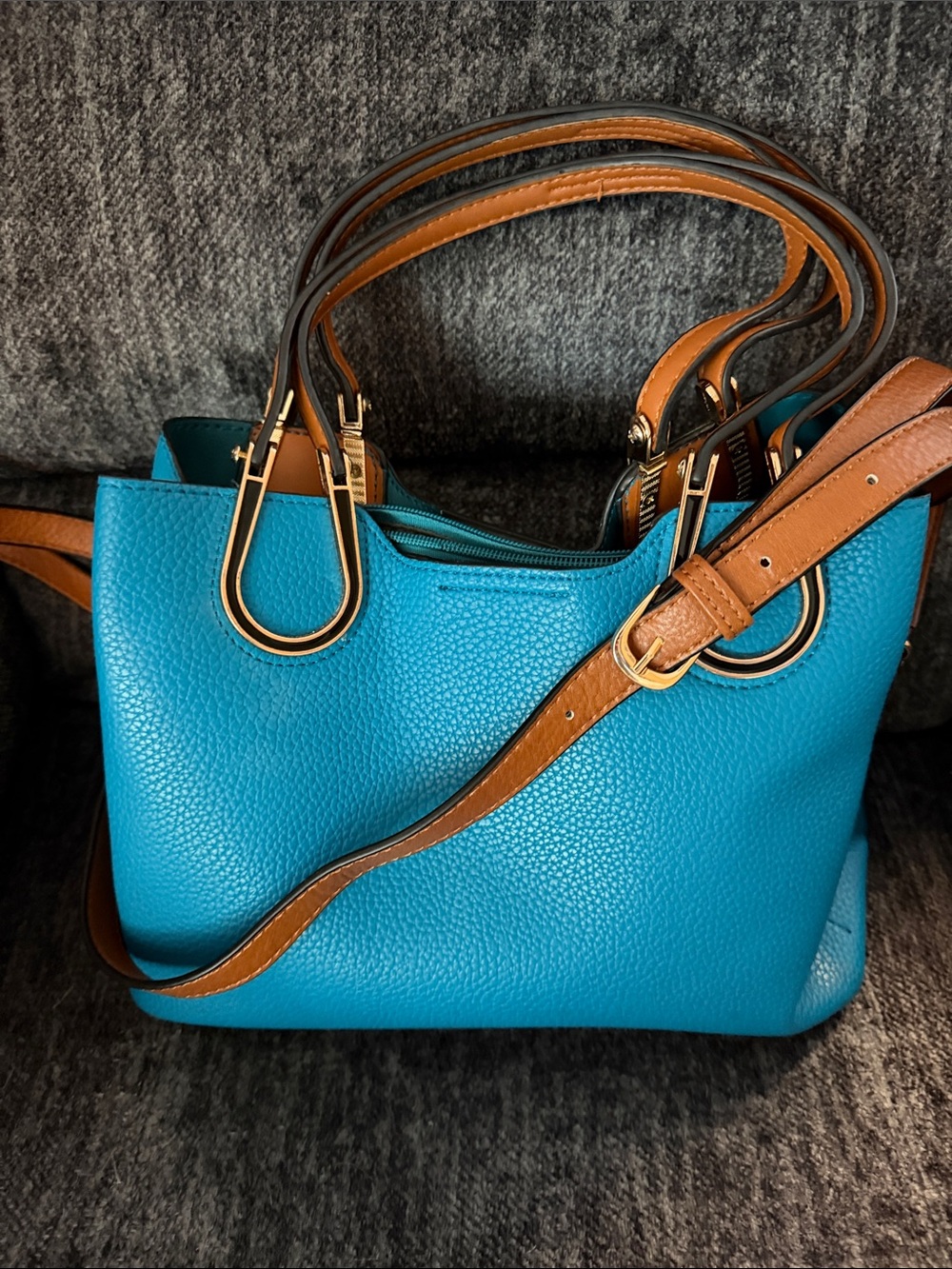 Classic Teal Pebbled Shoulder Bag with Contrast Tan Straps